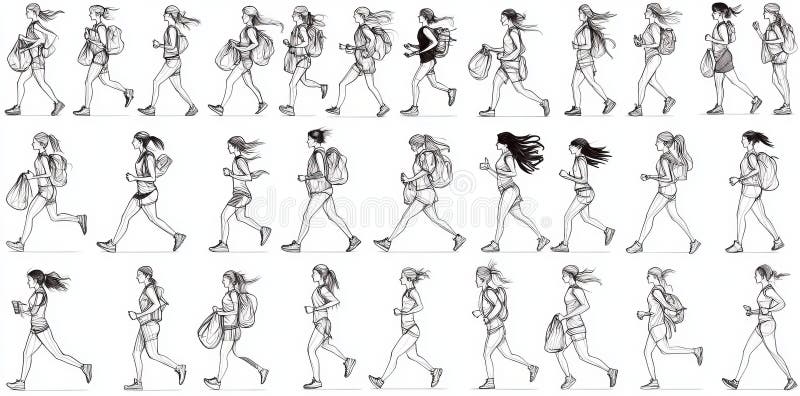 People in different postures, either walking or running from a side view, form a line icon set. Actions depicted are standing, walking, running, traveling, and crossing the road, with a person. AI generated