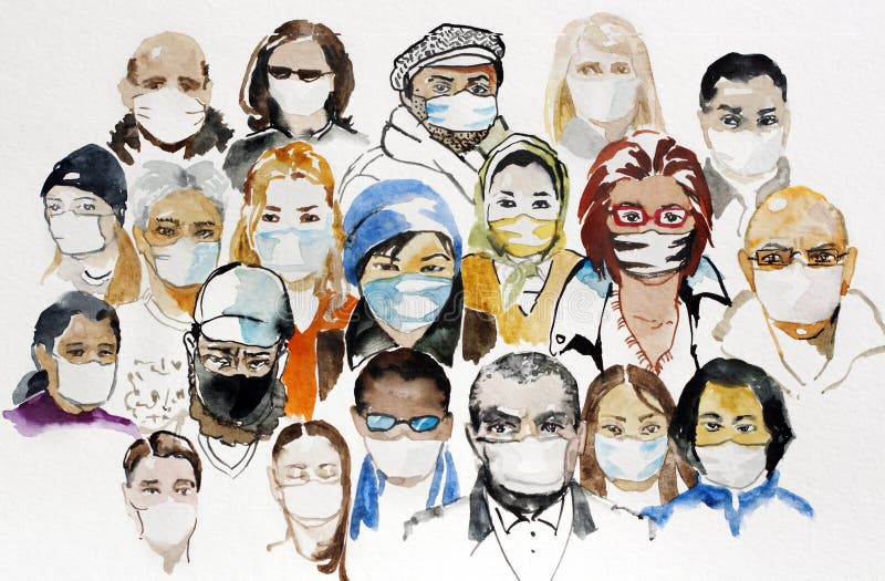 People of different race, age and gender in a medical masks, coronavirus pandemia concept watercolor illustration. People of different race, age and gender in a medical masks, coronavirus pandemia concept watercolor illustration