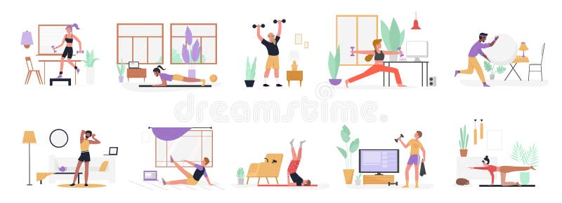 Fitness symbols. Sport exercise stylized people making exercises