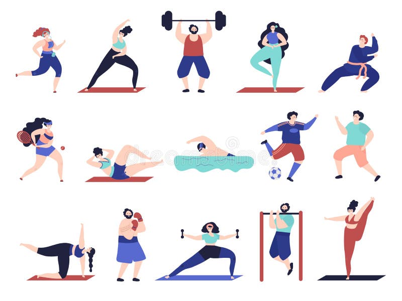 People doing sport. Workout characters, active male female sport exercise. Flat friends training, tennis yoga jogging stock illustration