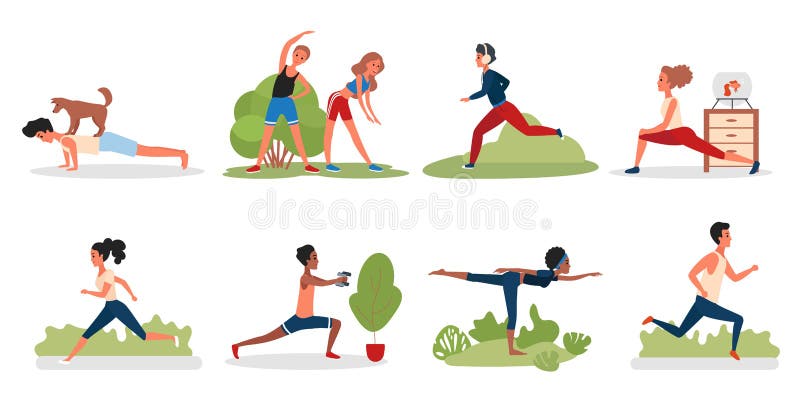 People doing sport yoga exercises in park, gym or at home set royalty free illustration