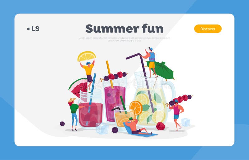 People Drinking Cold Drinks Landing Page Template. Tiny Characters Choose Different Beverages in Summer Time vector illustration