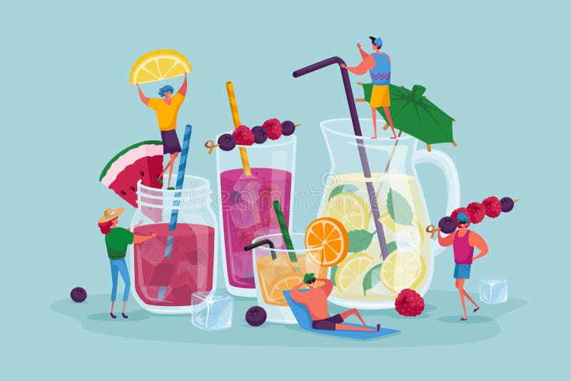 People Drinking Cold Drinks. Tiny Male and Female Characters Choose Different Beverages in Summer Time stock illustration