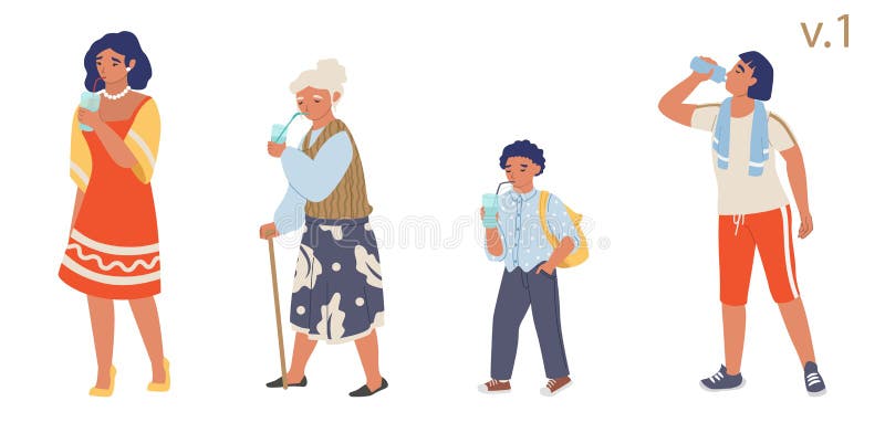 People of different ages drinking water, vector flat isolated illustration. Young man and woman, schoolboy, grandmother drinking pure fresh water from plastic bottle and glasses with straws. People of different ages drinking water, vector flat isolated illustration. Young man and woman, schoolboy, grandmother drinking pure fresh water from plastic bottle and glasses with straws.