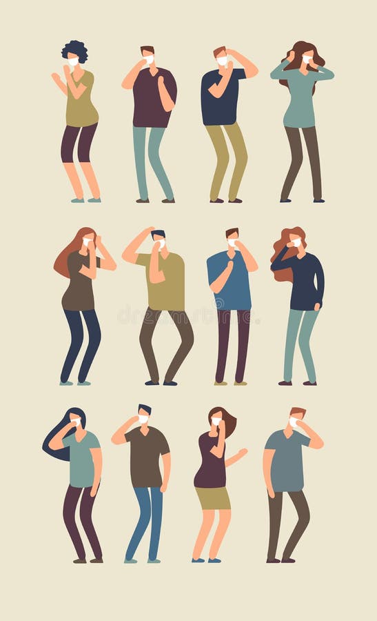 People and dust. Men and women in mask suffering from dust. Isolated vector characters set stock illustration People and dust. Men and women in mask suffering from dust. Isolated vector characters set stock illustration