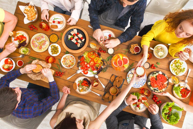 People Eat Healthy Meals At Served Table Dinner Party Stock Image Image Of Beverage Homemade