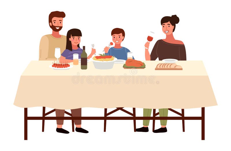 Italian family together. Dining table with pasta and snack. People are eating italian food. Parents are drinking wine. Children with forks in their hands. Relatives isolated on white background. Italian family together. Dining table with pasta and snack. People are eating italian food. Parents are drinking wine. Children with forks in their hands. Relatives isolated on white background