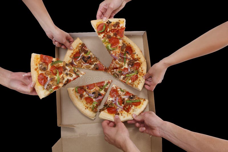 A group of people taking slices of pizza. A group of people taking slices of pizza