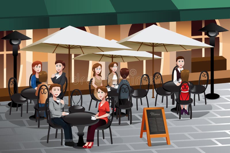 People enjoying coffee outside of a cafe royalty free illustration