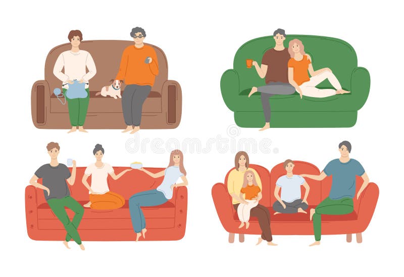 People enjoying sitting on couch vector illustration, family and friends sitting and relaxing, spending free time at home while drinking and eating snacks. People enjoying sitting on couch vector illustration, family and friends sitting and relaxing, spending free time at home while drinking and eating snacks