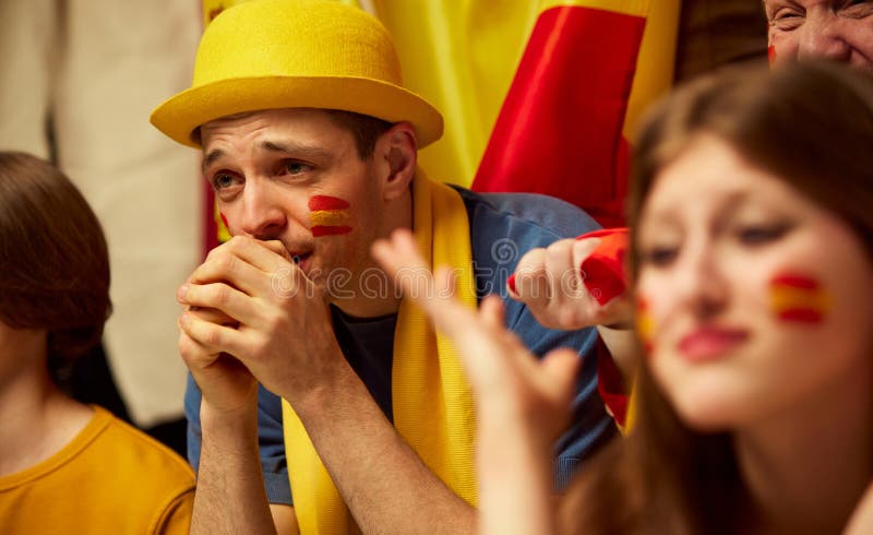 People, Football, Soccer Fans Emotionally Watching Match, Worrying