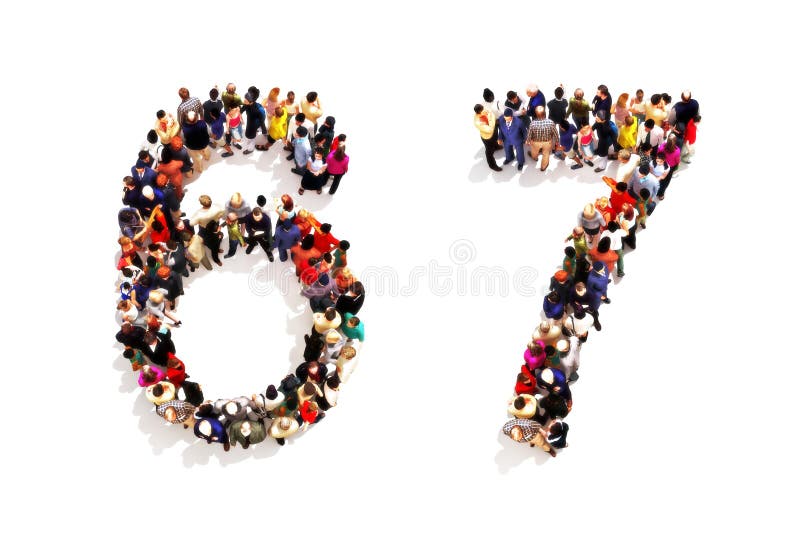 People forming the shape as a 3d number six 6 and seven (7) symbol on a white background