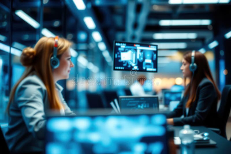 People in a futuristic office. royalty free illustration.