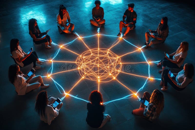 People gather in a circle using glowing phones, connected by illuminated digital lines at a modern gathering space royalty free stock photos