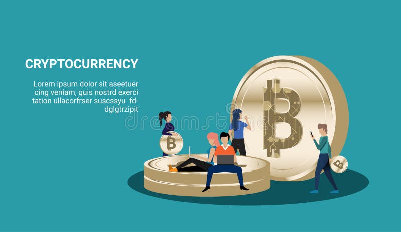 People gathering and giant coins. Cryptocurrency concept stock illustration