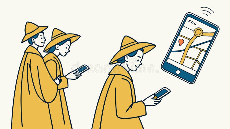 People with GPS phones, location tracking and mobile navigation vector design Generative AI stock illustration