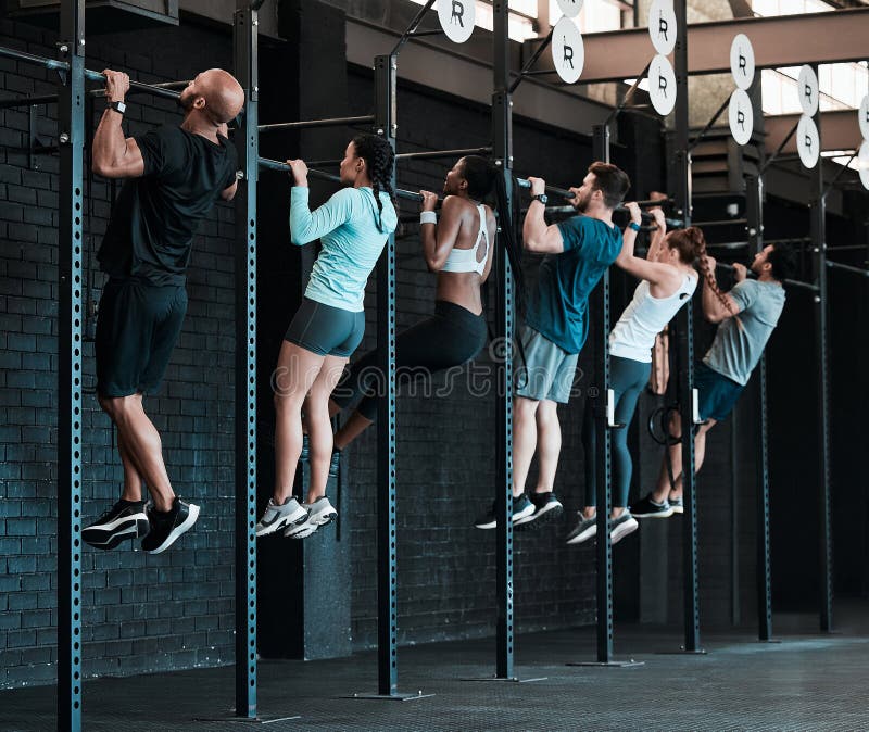 People, Group and Exercise with Pull Ups, Training and Endurance with