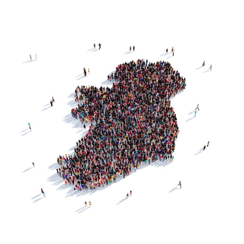 Large and creative group of people gathered together in the form of a map Ireland, a map of the world. 3D illustration, isolated against a white background. 3D-rendering. Large and creative group of people gathered together in the form of a map Ireland, a map of the world. 3D illustration, isolated against a white background. 3D-rendering.