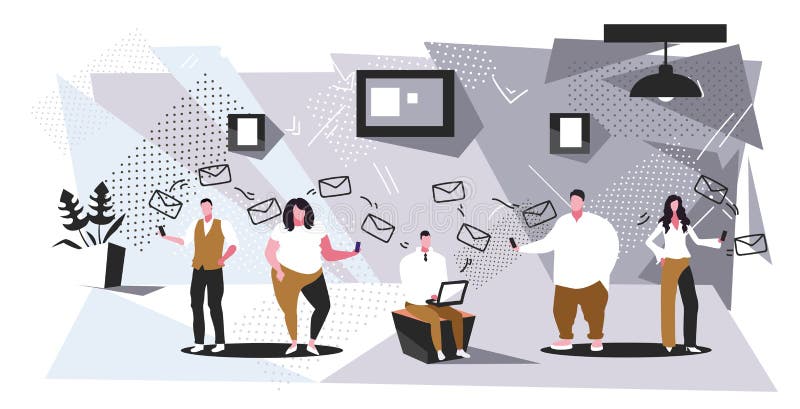 People group using smartphones with envelope icons online mobile chatting application chat communication email sending stock illustration