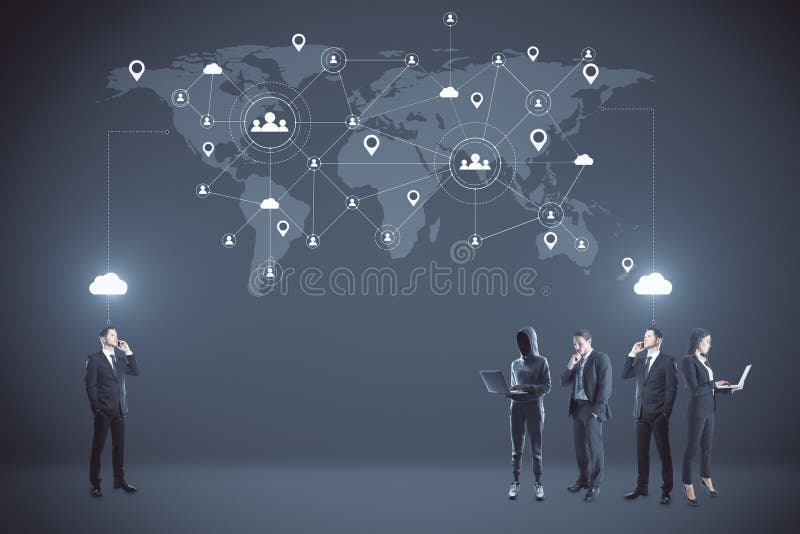 People and hacker working and glowing connections on digital world map stock image People and hacker working and glowing connections on digital world map stock image