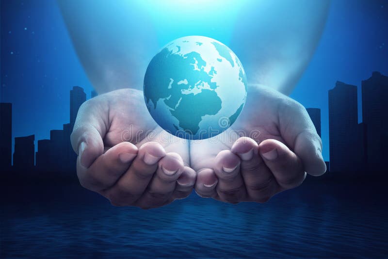 People hand holding floating earth with silhouette cityscape stock images