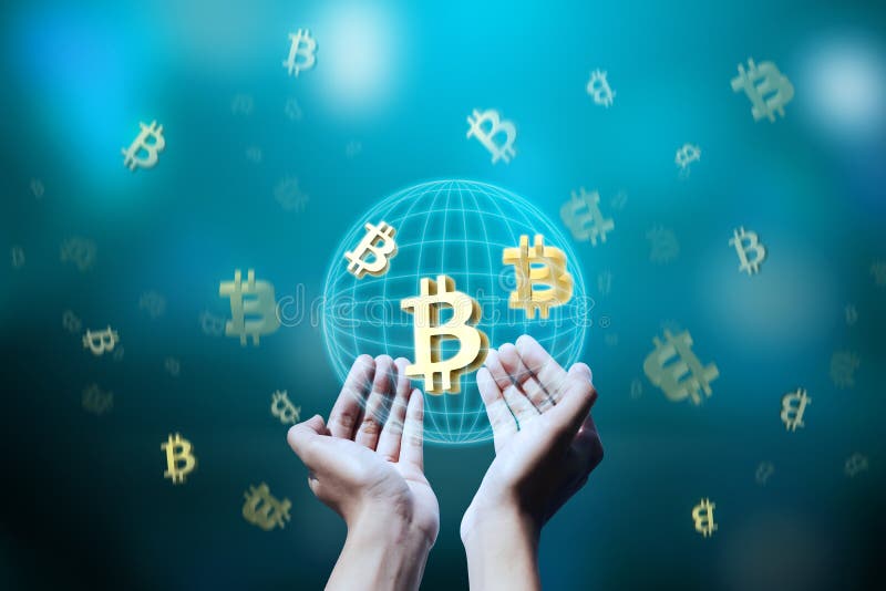 People hand holding virtual system bitcoin stock images