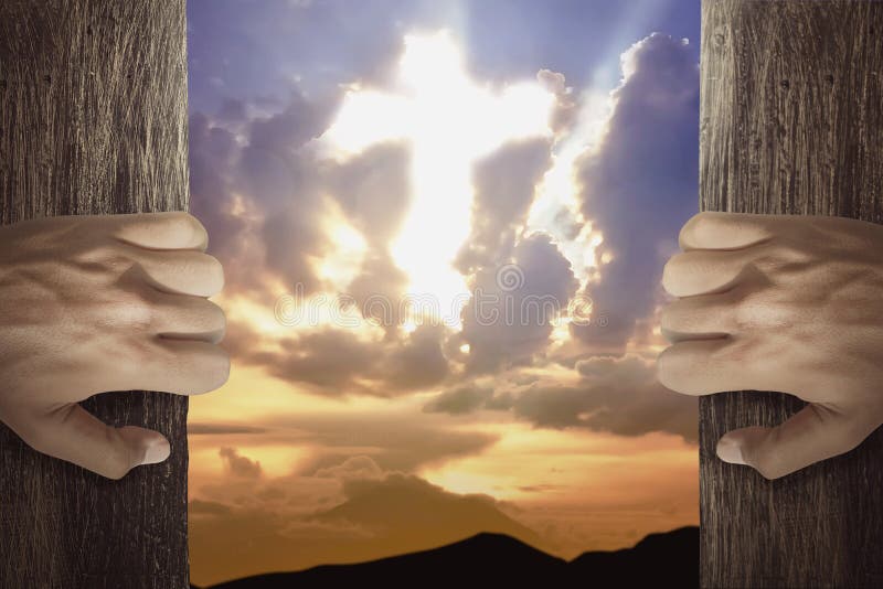 People hand open the door with cross shaped in the sky stock illustration