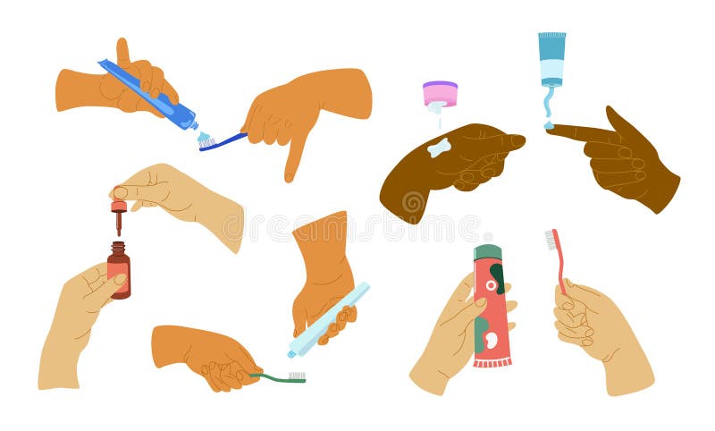 People hands doing morning routine close up vector illustrations set. Palms applying nourishing cream, lotion, serum and