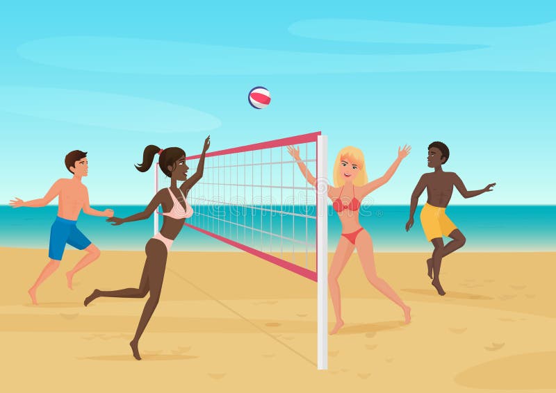 People having fun playing volleyball on the beach vector illustration.