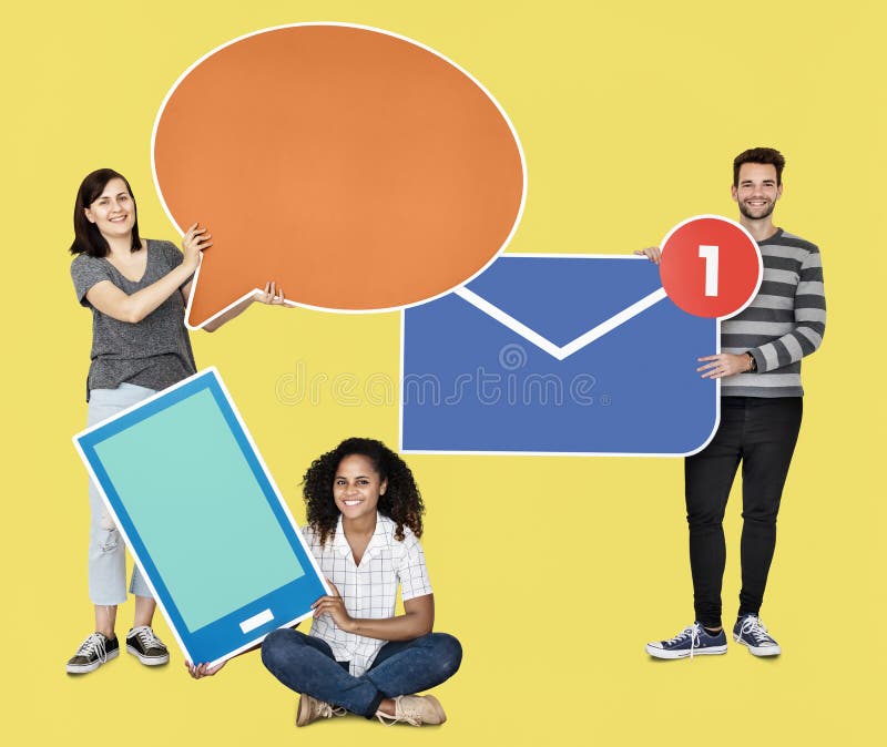 People holding different types of communication icons royalty free stock photography