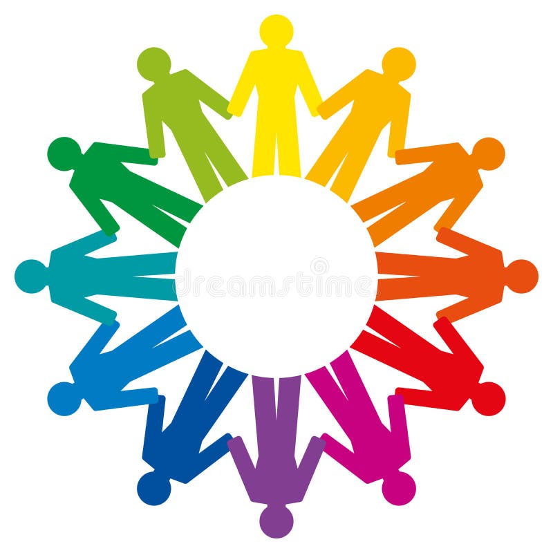 People holding hands, forming a rainbow circle, abstract symbol