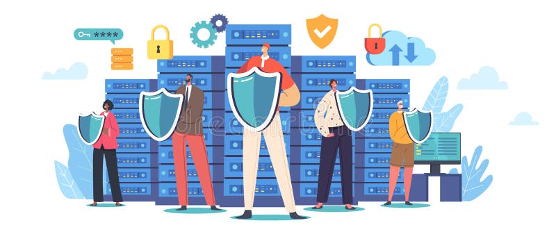People Holding Shields Protect Server Or Hard Disks. Concept Of Secured Database, App Or Online Service For Safe Storage royalty free illustration