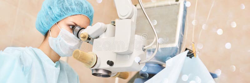 People at hospital background. Blue medical backdrop. Healthcare support. Cardiology sick patient. Ophtalmology medicine device. Operation room inside. Vet clinic concept. Horizontal banner. Copyspace