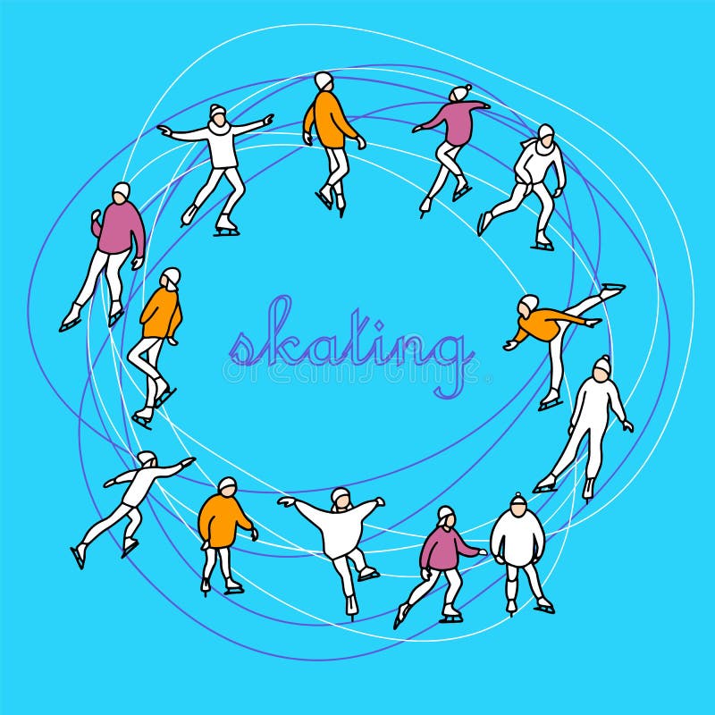 People Ice Skating Vector Illustration. Winter Ice Rink Party with