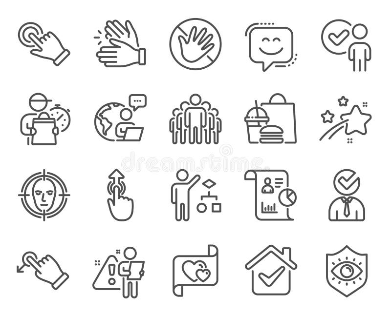 People icons set. Included icon as Smile face, Report, Algorithm signs. Vector royalty free illustration