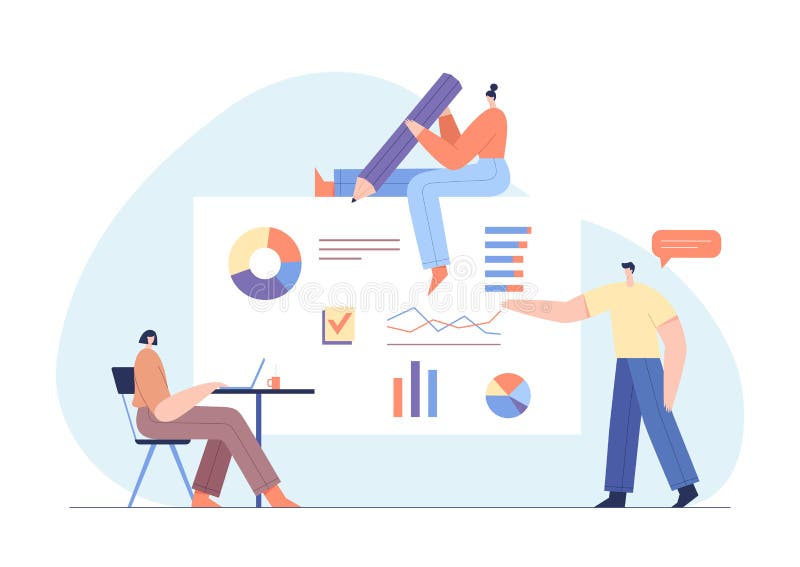 People interacting with charts and analysing statistics. Customer tracking software, data visualisation. Online survey concept. vector illustration People interacting with charts and analysing statistics. Customer tracking software, data visualisation. Online survey concept. vector illustration