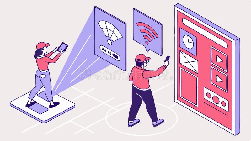 People interacting with large screen, modern technology, digital interface and interactive display vector design Generative AI stock illustration