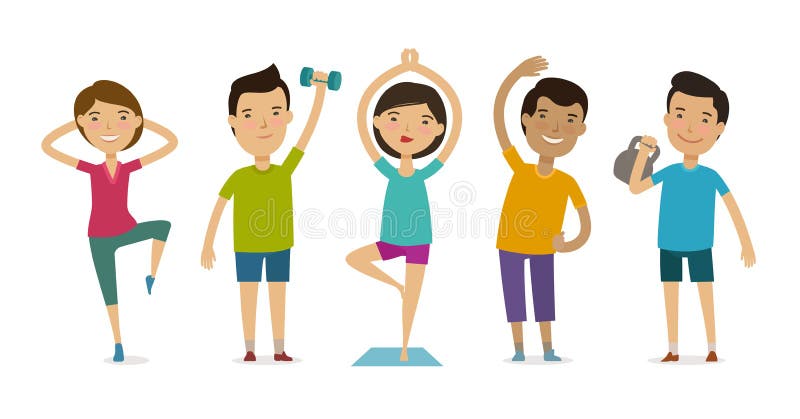 People involved in sports. Fitness, gym, healthy lifestyle concept. Funny cartoon vector illustration