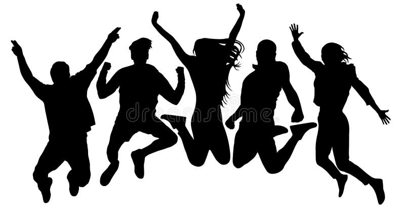 People jump vector silhouette. Jumping friends youth background. Crowd people, close to each other. Cheerful man and woman