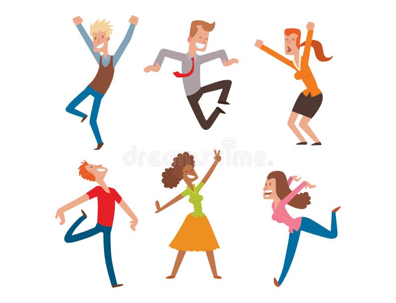 People jumping in celebration party vector happy man jump celebration joy character. Cheerful woman active happiness