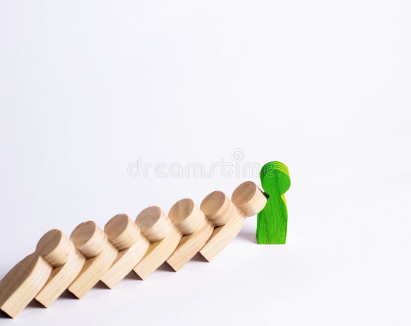 People in line fall like dominoes. green man stops the fall of people as dominoes. The concept of durability and strength