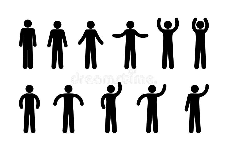 Set of man drawing, different poses, stick figure people pictogram