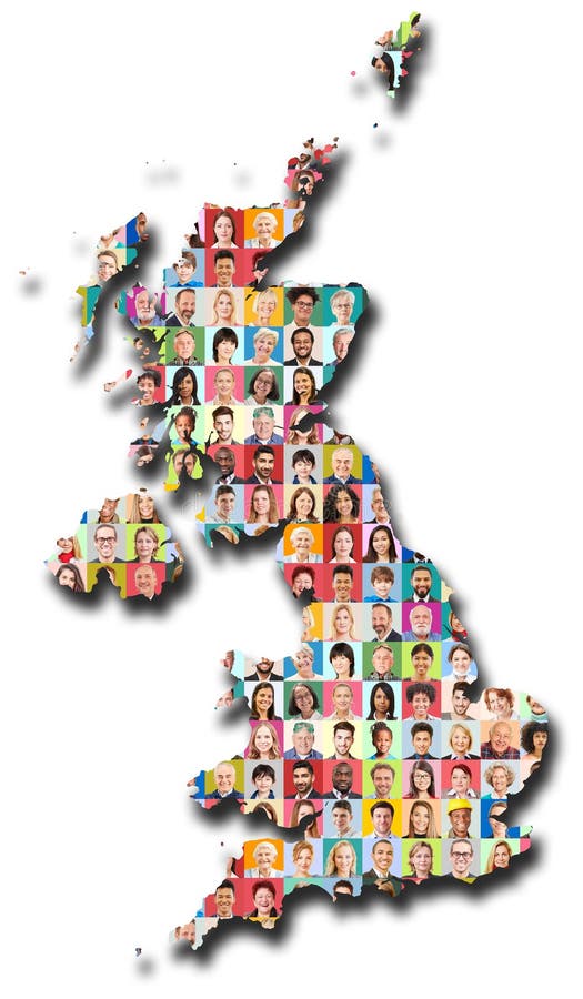 People of many generations in front of colorful backgrounds on map of Great Britain stock image