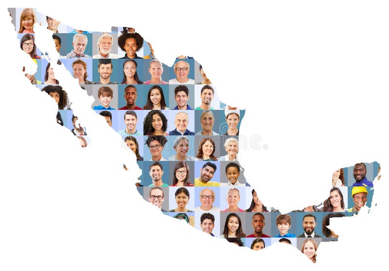 People of many generations in front of subtle backgrounds on map of Mexico stock photo