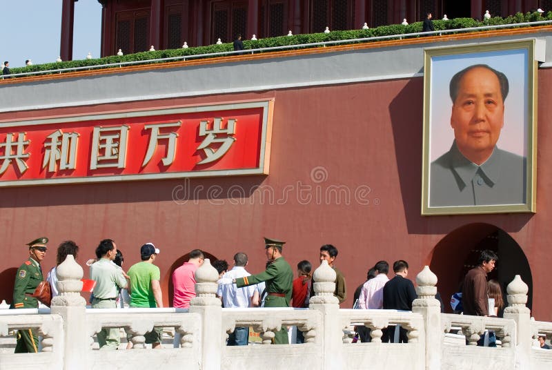 Crowd of people helped by policemen in uniform while entering the forbiden city in Beijing, China, with picture of president Mao in the background. Crowd of people helped by policemen in uniform while entering the forbiden city in Beijing, China, with picture of president Mao in the background