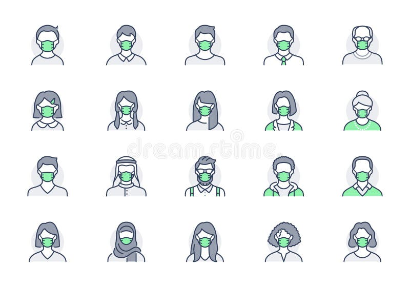 People in mask avatar line icons. Vector illustration included icon as man, female, muslim, senior, adult and young