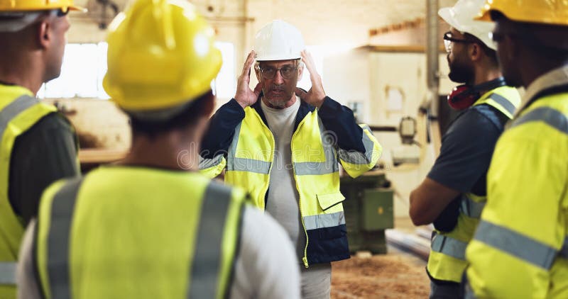People, meeting and manager on site of construction planning with building, maintenance or repair. Person, explain and royalty free stock images