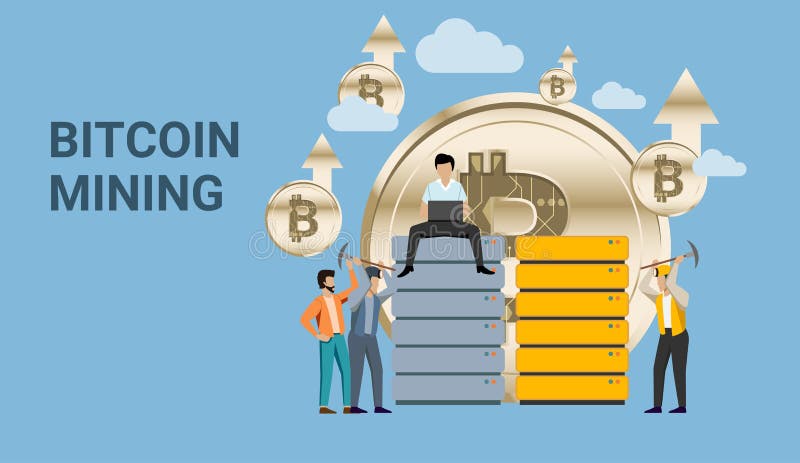 People mining and using electronic devices with floating coins in the sky on giant bitcoin background vector illustration