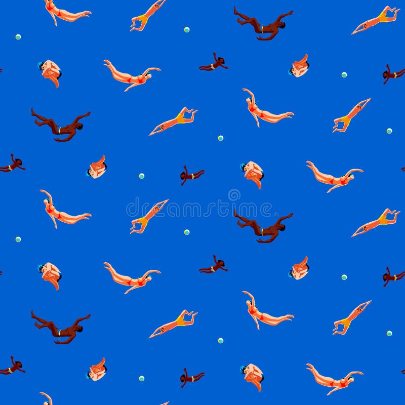 People mixed race swimming in pool with balls. Swimmers in water. Summer sea or ocean diving enjoy activity. Seamless pattern