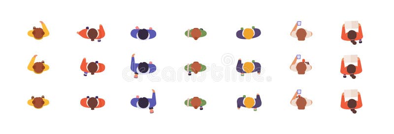 People models top view flat vector illustrations set. Animation poses, online game development, characters creation stock illustration